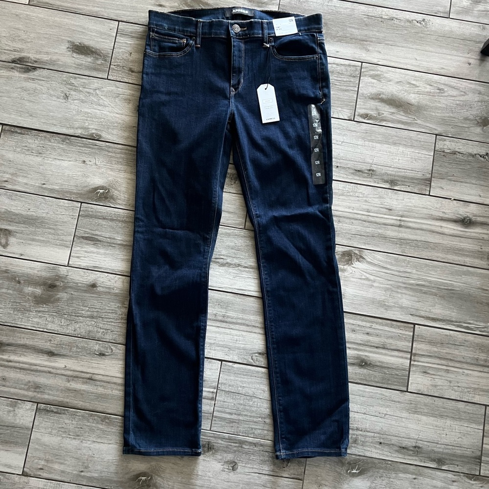 Express Women's Dark Indigo Straight Leg  Skinny Mid Rise Jeans NWT Size 12R